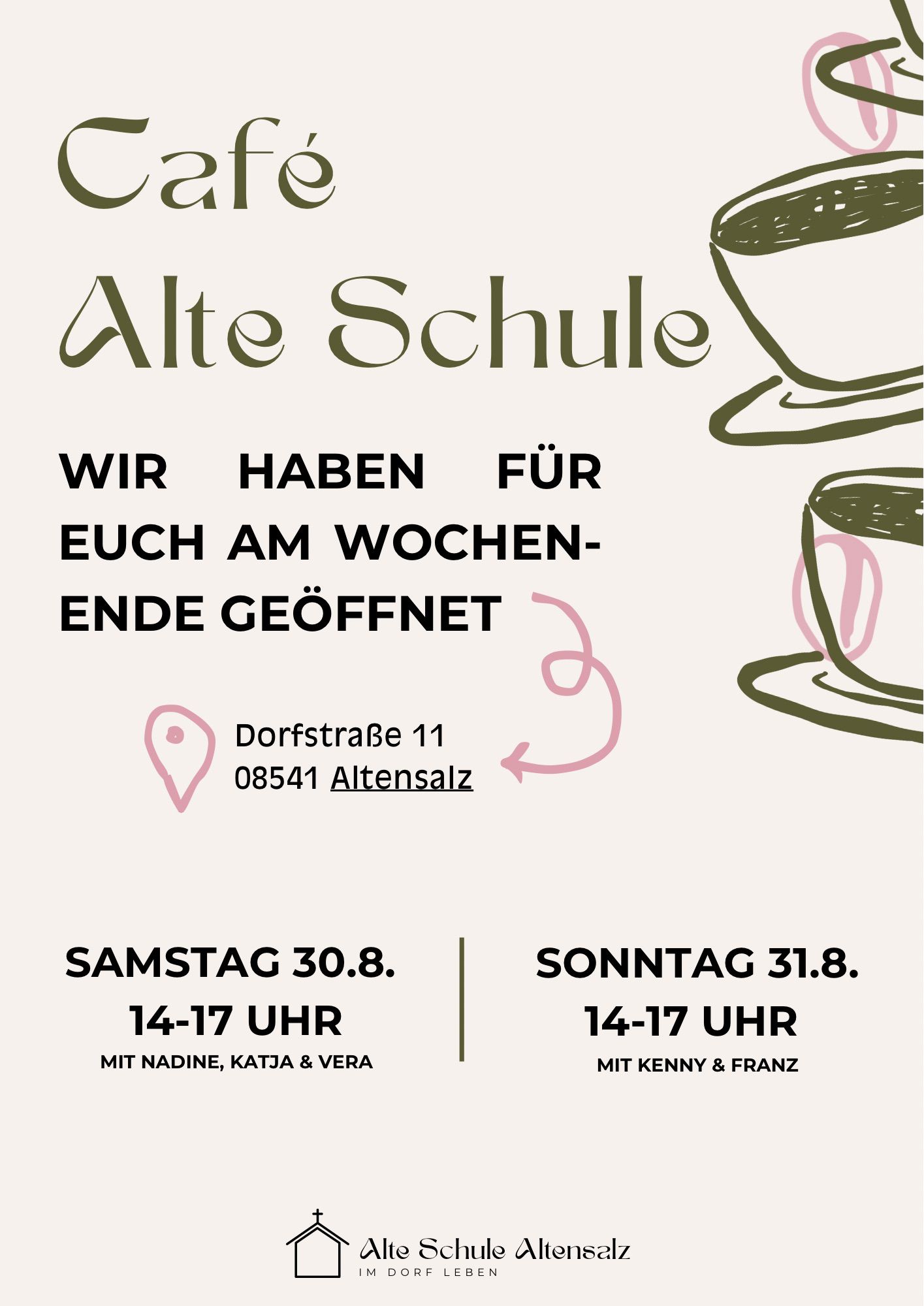 Cafè Alte Schule Altensalz heute & morgen geöffnet.